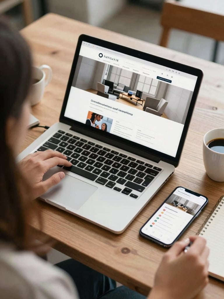 Overhead shot of a small business owner's desk, a laptop open showing a clean responsive website on screen, smartphone beside it showing the mobile version, warm natural daylight, coffee cup and notepad nearby, documentary framing, no people visible