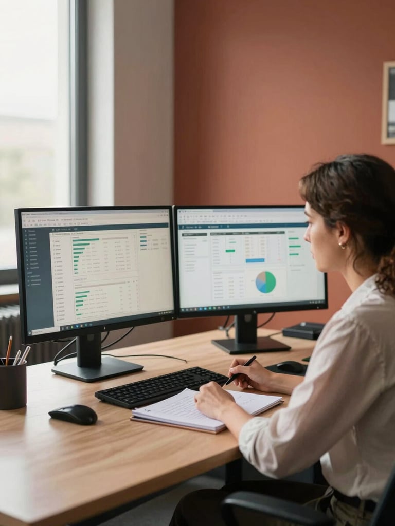 Wide environmental shot, consultant at a large desk with two monitors showing analytics dashboards, natural north-facing window light from the left, woman reviewing data and taking handwritten notes, warm office with terracotta-toned wall behind, calm and focused atmosphere, no direct eye contact with camera