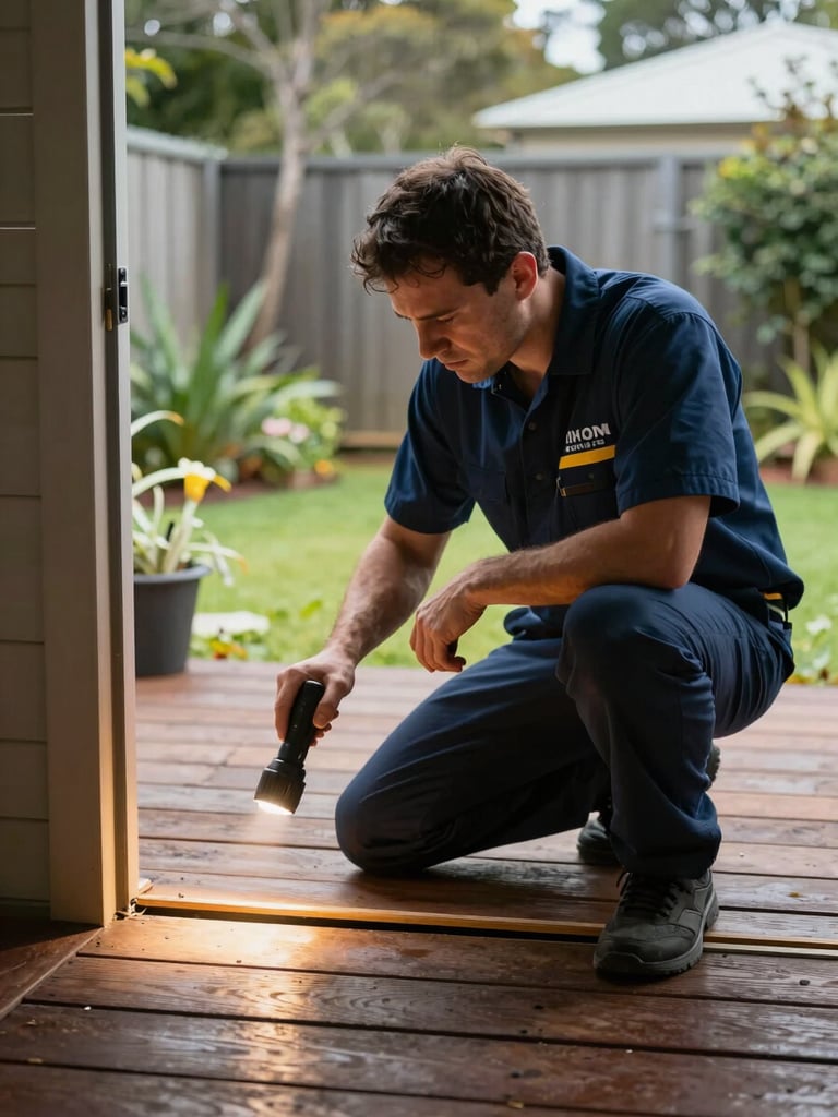 Wide portrait of a pest technician crouching near a timber deck entry point in a Sydney backyard, daylight from the left, inspection torch in hand illuminating the gap beneath the decking boards, garden visible in soft focus behind
