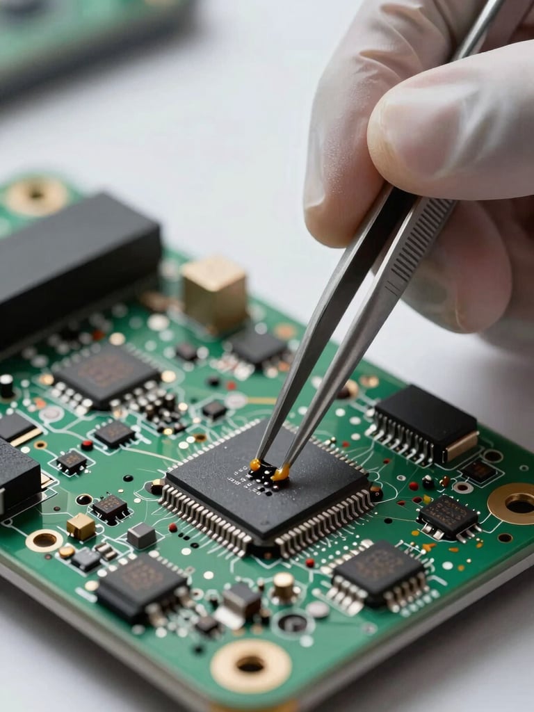 Extreme close-up of a technician's gloved hands using fine-tip tweezers to place a surface-mount IC chip on a smartphone motherboard under bright diffused light, solder paste visible on pads