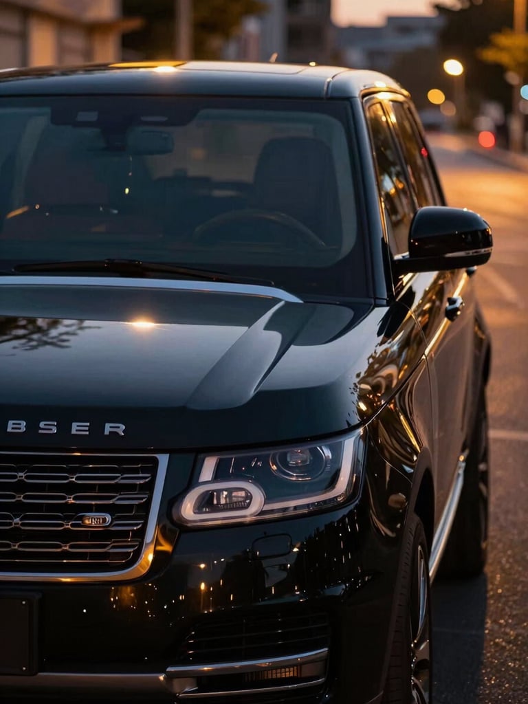 Close-up three-quarter front angle of a black luxury SUV on a city street at night, amber streetlights reflecting across the hood and windshield, shallow depth of field, no people