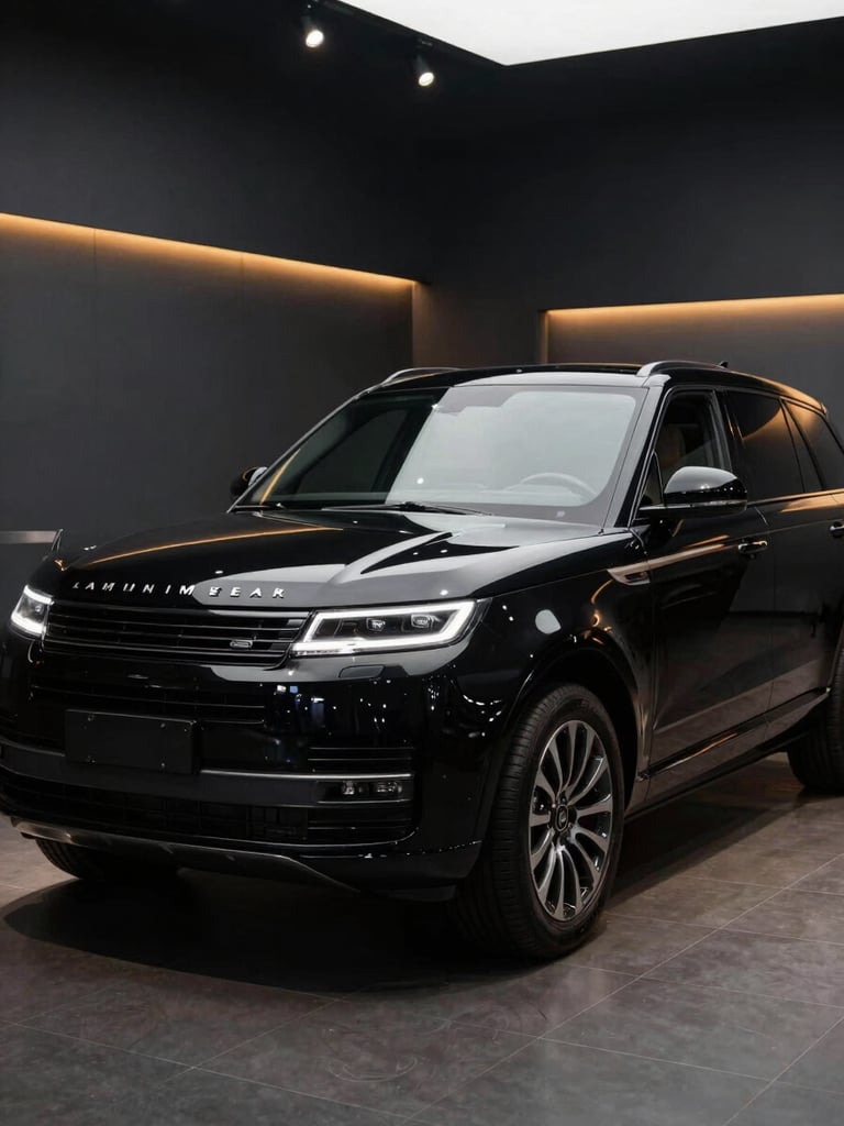 Wide shot of a black premium SUV parked at a dramatic angle inside a sleek dark showroom, studio strobes reflecting sharply off the hood and side panels, deep shadow in the background, amber accent lighting tracing the roofline