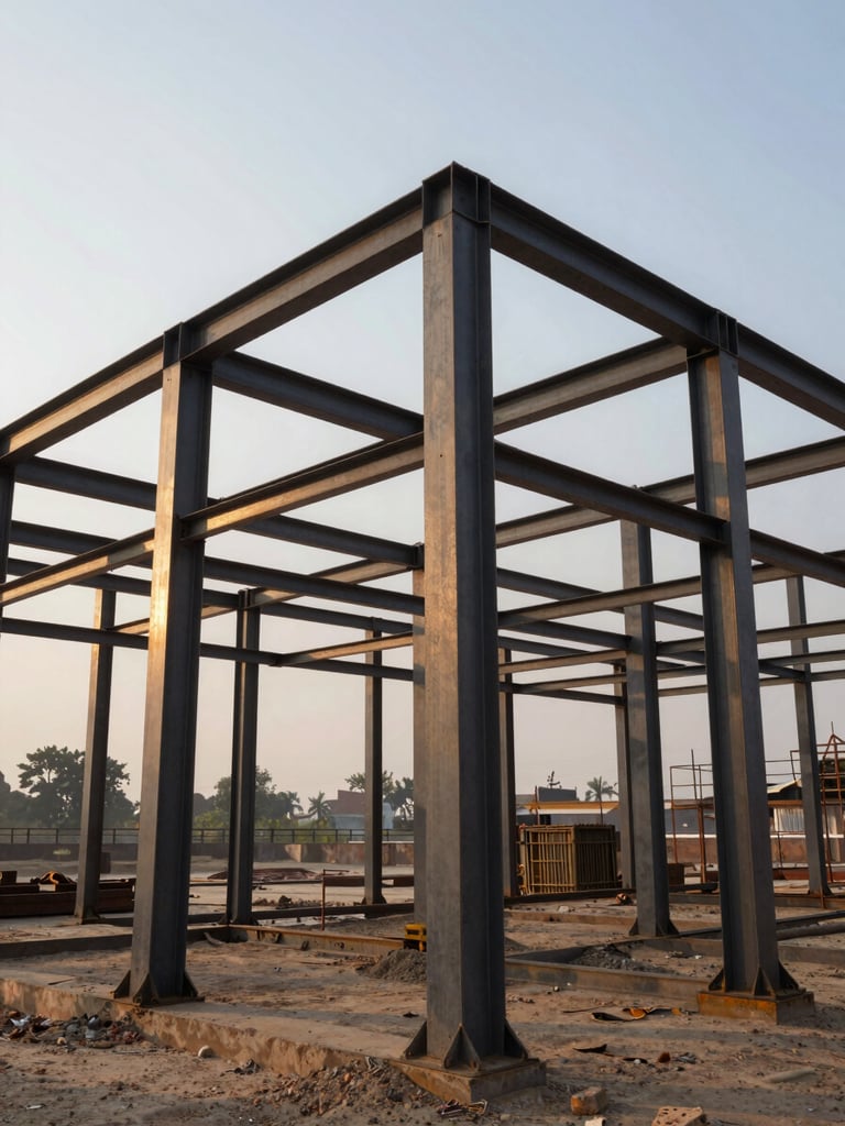 Low-angle shot of a heavy-duty steel structure under construction in a dusty industrial yard in Uttar Pradesh, golden hour sunlight highlighting steel joints, 35mm lens