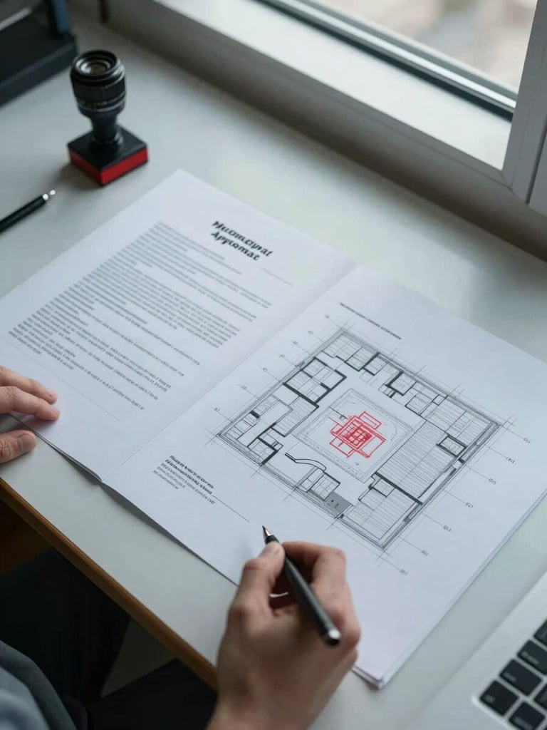 Overhead flat-lay on a drafting table: stamped municipal approval permits arranged beside an open site plan, a red ink stamp visible on the top document, cool office daylight from a north-facing window, hands just visible at the lower edge holding a technical pen