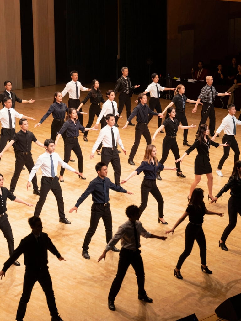 Wide environmental shot of a corporate live-stage performance in progress, rows of performers in synchronised formation under warm golden stage wash, event venue backdrop visible, captured mid-routine with genuine movement blur at the edges