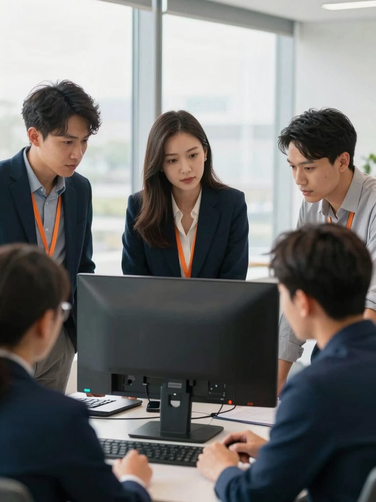 Bright modern office, diverse team collaborating around a large monitor, focused expressions, natural window light, deep navy and orange accents, shallow depth of field.