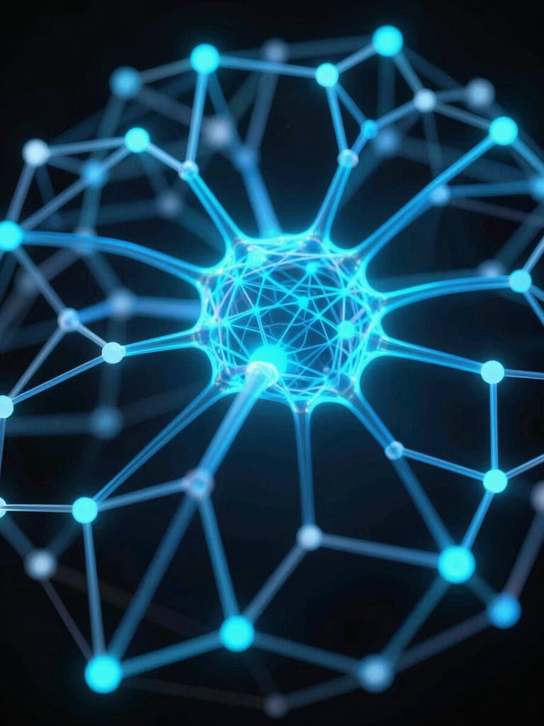 Extreme close-up of a glowing neural network data visualization rendered as a three-dimensional web of cyan and electric blue light nodes on deep black background, data streams flowing between connection points, high-contrast studio lighting with no ambient fill, sharp geometric node intersections visible in foreground