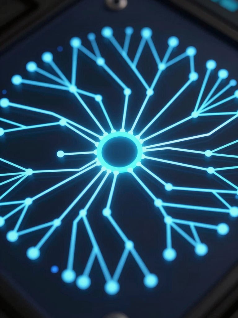 Close-up overhead view of a neural network data flow diagram on a dark screen, electric blue and cyan neon node connections branching outward, high-contrast studio lighting, sharp geometric lines, no people visible