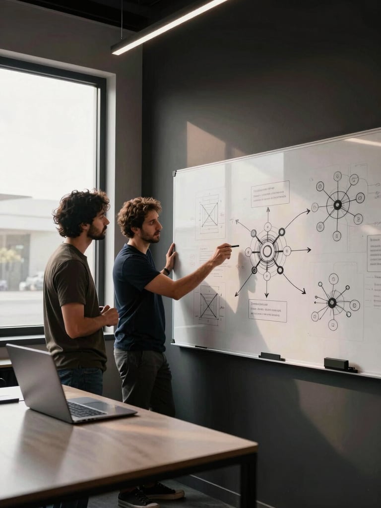 Wide-angle view of a focused strategy session in a modern Baja California workspace — two founders leaning over a whiteboard covered in diagrams, high-contrast studio strobe lighting from the left, deep shadows to the right, neural network sketches visible on the board, warm north-facing window light catching the edge of a laptop screen