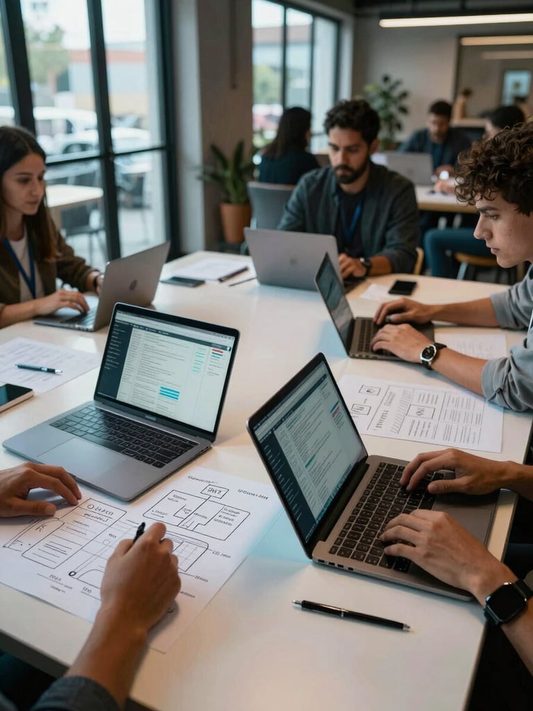Close overhead shot of a strategy session table in a modern Tijuana coworking space, laptops open with data dashboards visible on screens, hands sketching OKR frameworks on large paper, dramatic side lighting from tall industrial windows, electric blue and cyan screen glow reflecting on the surface