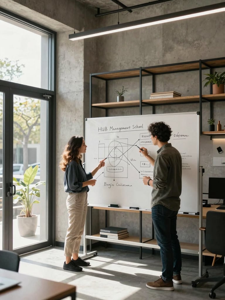 Wide interior shot of a modern collaborative workspace, two focused founders reviewing a strategy diagram on a whiteboard, north-facing natural daylight flooding from the left, architectural concrete walls and dark steel shelving in the background — Hub Management School, Baja California