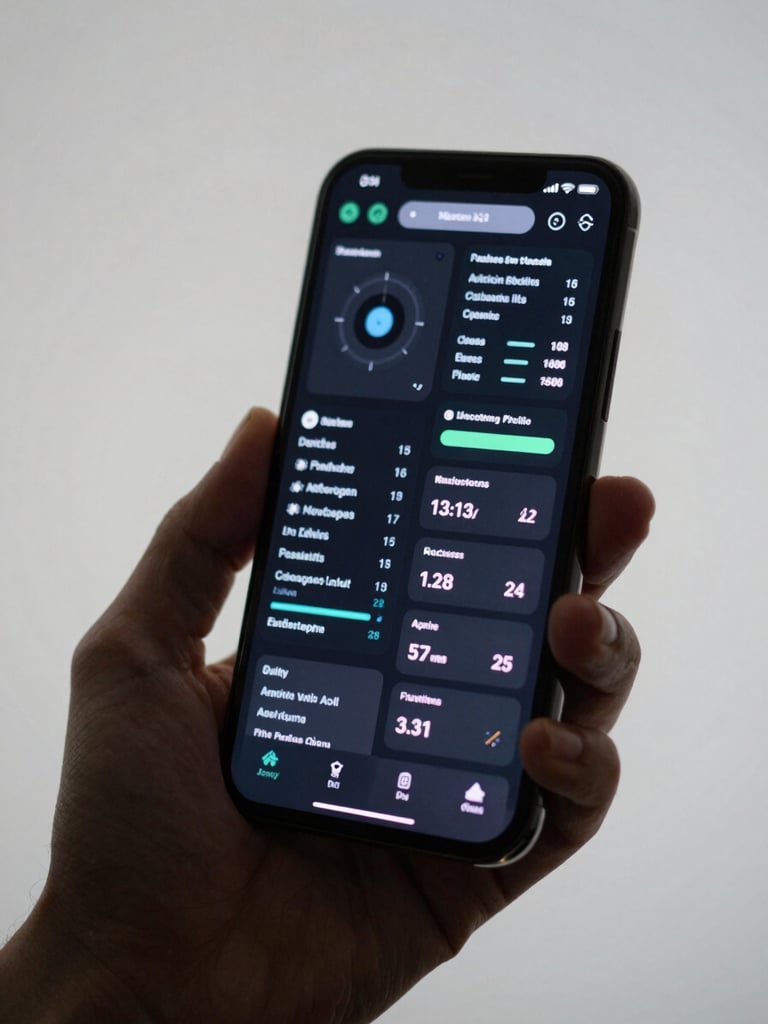 Close-up of an Android phone held in one hand, a data-dense dashboard interface filling the screen, cool neutral studio light, simple light background, screen content clearly legible, medium crop showing hand and device