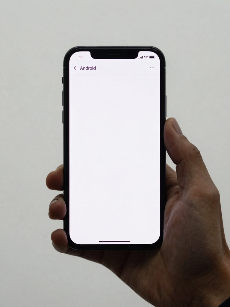 Close-up of a hand holding an Android phone, screen displaying a clean minimal app interface with clear typography and ample whitespace, cool neutral studio light, simple off-white background