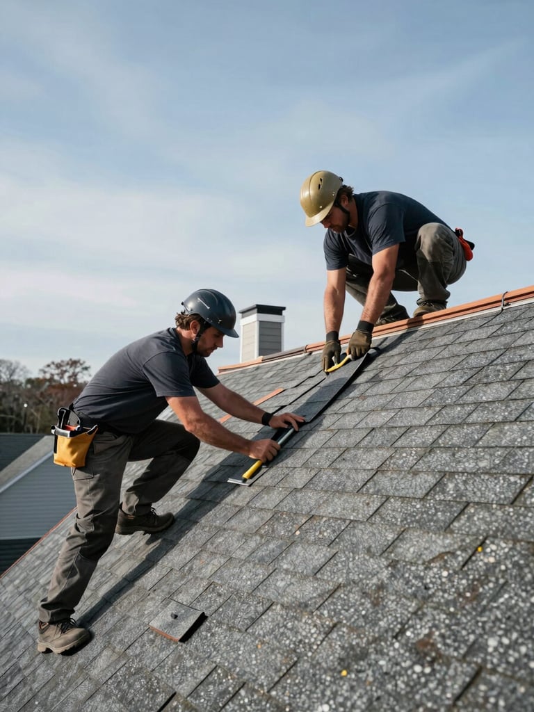 Wide-angle daylight shot of roofing crew actively securing shingles on a steep residential pitch, right side of frame, clear New England sky above, tools and materials visible in sharp focus