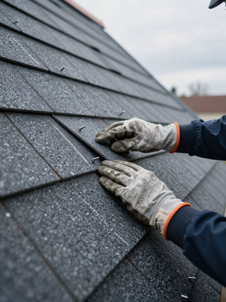 Close-up wide shot of roofer's gloved hands pressing a shingle tab flush against a steep roof deck, visible roofing nails and chalk lines, overcast daylight, sharp material texture