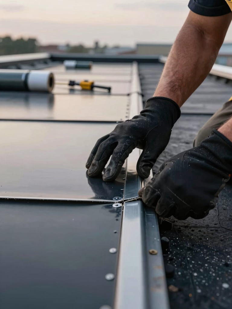 Close-up wide shot of a crew member's gloved hands pressing a flat membrane seam onto a commercial roof edge at dawn, overcast daylight, tools and material roll visible in the background, shallow depth emphasizing the joint detail and material surface texture