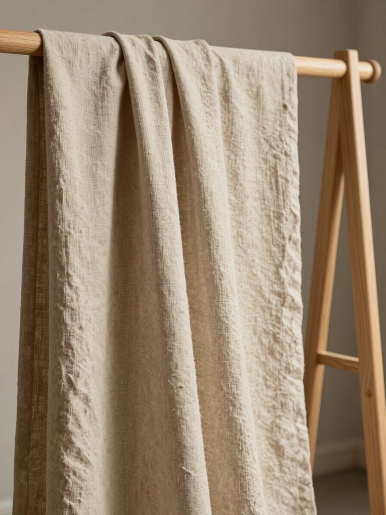 Close-up of lightweight sand beige linen fabric draped over a minimalist wooden rack in a sunlit Tampa studio.