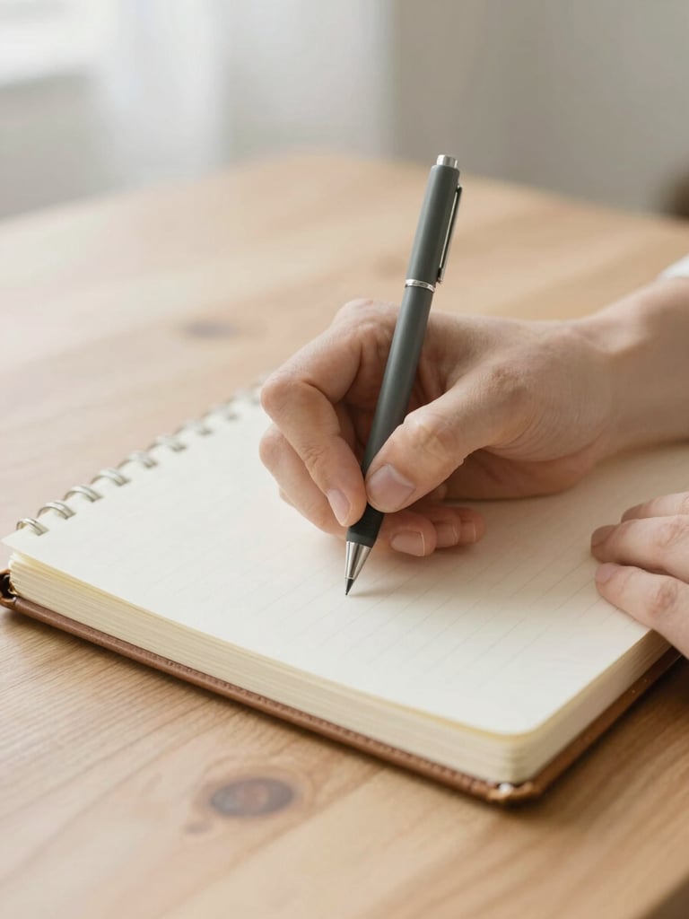 A close-up of hands writing in a leather journal on a natural oak desk, soft morning daylight, muted cream tones, shallow depth of field, 35mm