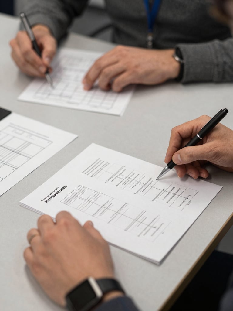 Close-up medium shot of a workshop handout packet and pen on a conference table, printed process diagrams visible, a participant's hands resting near the materials, natural overhead office light, documentary flat framing
