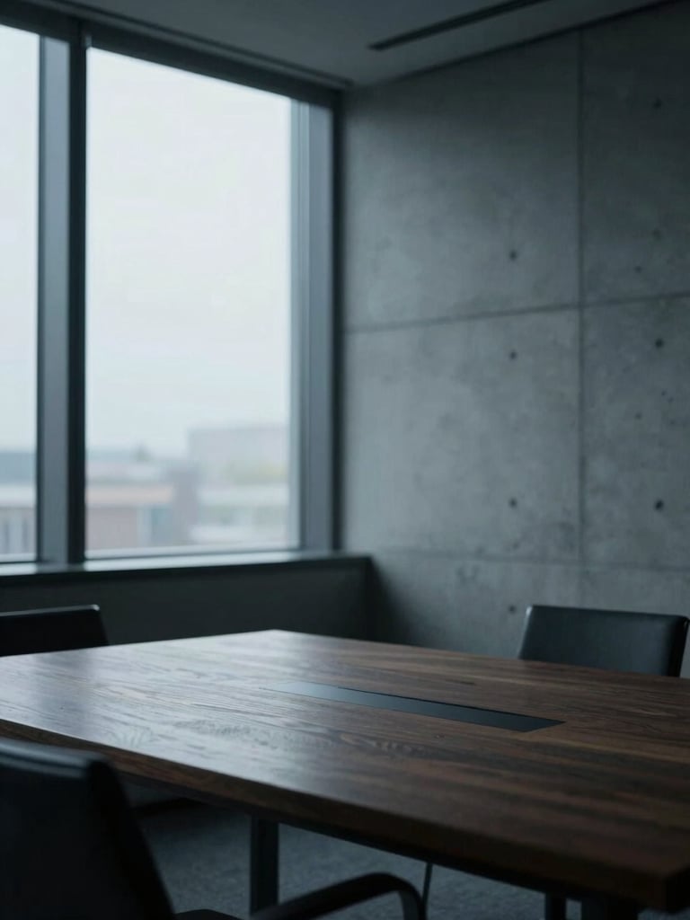 Sharp architectural lines of a minimalist corporate boardroom, concrete walls, dark oak table, low-key dramatic window light, deep shadows, 35mm