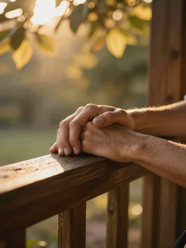 Close-up of two hands intertwined resting on a sun-warmed wooden porch railing, golden backlight filtering through out-of-focus leaves above, soft shadow detail on the knuckles, warm amber tones