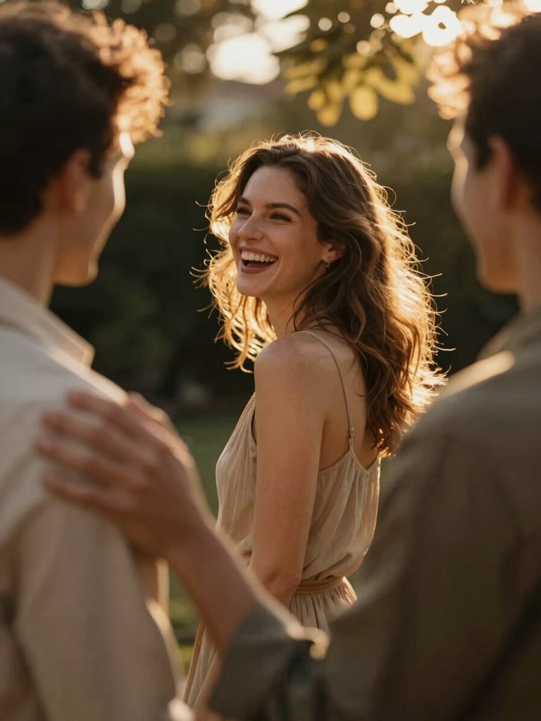 Wide portrait frame — a couple in a sun-drenched backyard, the woman laughing mid-turn toward golden window light filtering through foliage, her hair backlit with a warm halo, man's hand resting on her shoulder just out of focus in foreground, shallow depth of field, warm amber tones, cinematic editorial feel