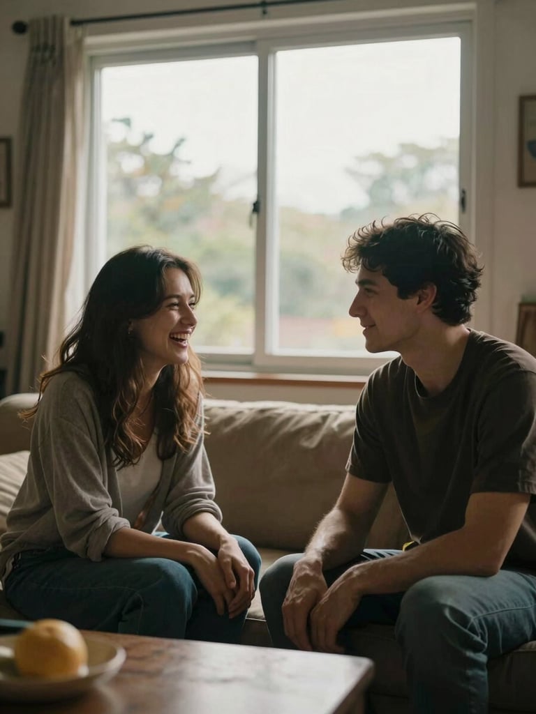 Wide environmental shot from the left edge — a couple in their living room by a large window, warm overcast daylight streaming in, woman laughing with head slightly turned, man watching her with a quiet smile, hands loosely intertwined, clutter of real life softly visible in the background, no staging