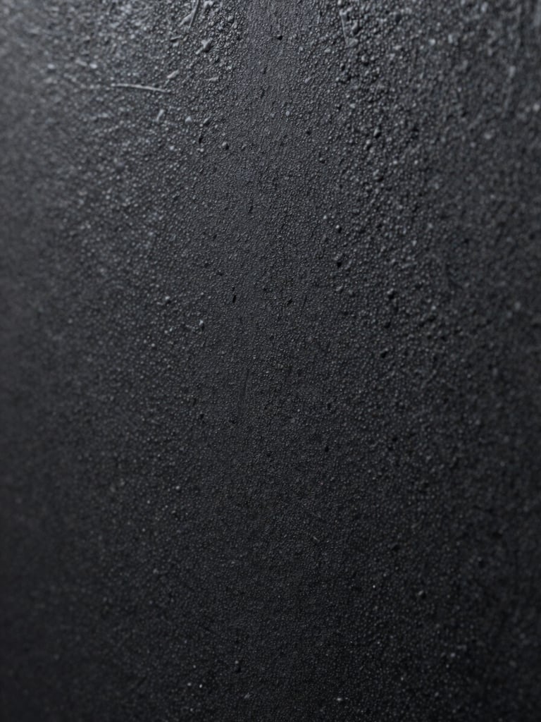 Macro close-up of a textured matte black powder-coated steel plate, dramatic directional lighting revealing the rugged physical grain
