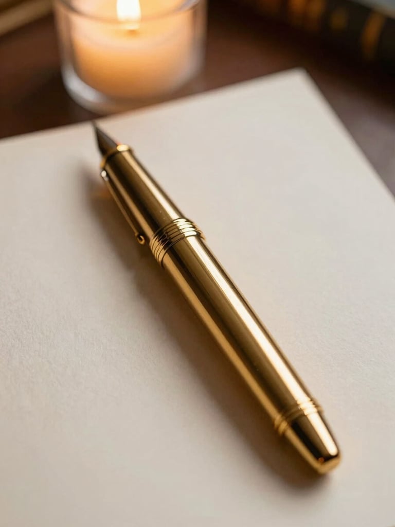 Extreme close-up of a bespoke gold fountain pen resting on heavy, textured cream paper, soft warm candlelight, deep shadows in a private Parisian library, macro lens.