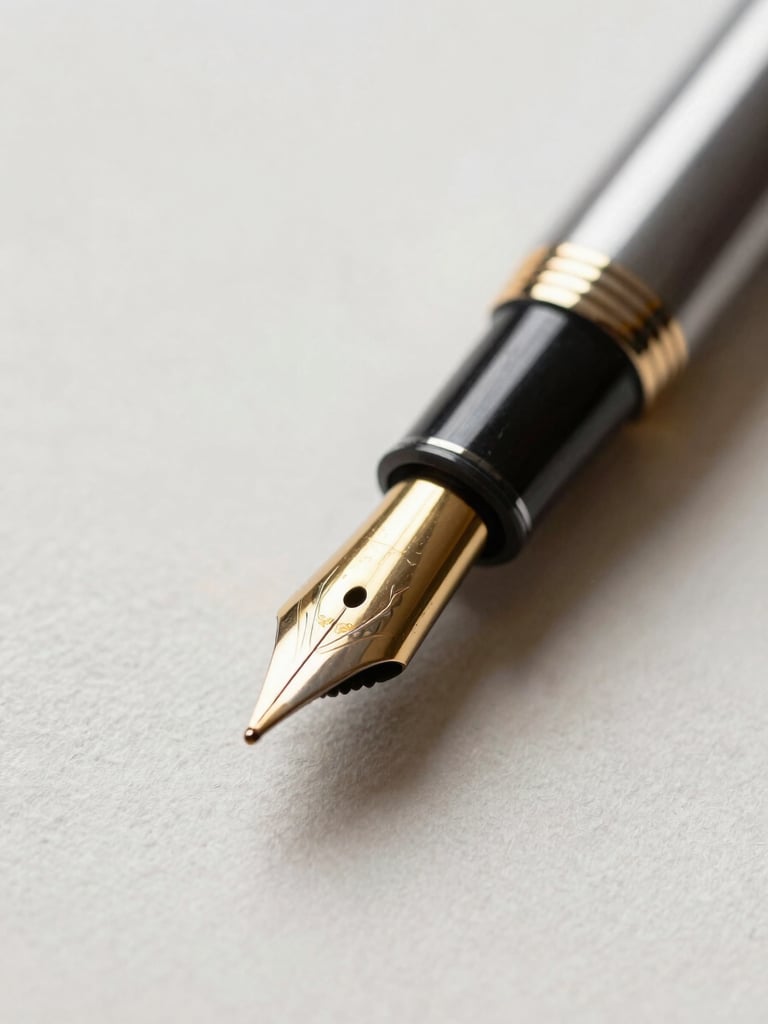 Extreme macro shot of a gold-nibbed fountain pen resting on heavy, textured off-white cotton paper, soft directional candlelight, deep shadows.