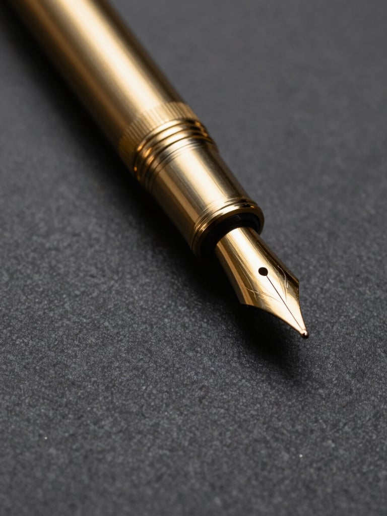 Extreme macro shot of a heavy brushed gold fountain pen resting on thick textured obsidian paper, deep shadows, soft warm candlelight illuminating the metallic details, expansive negative space.