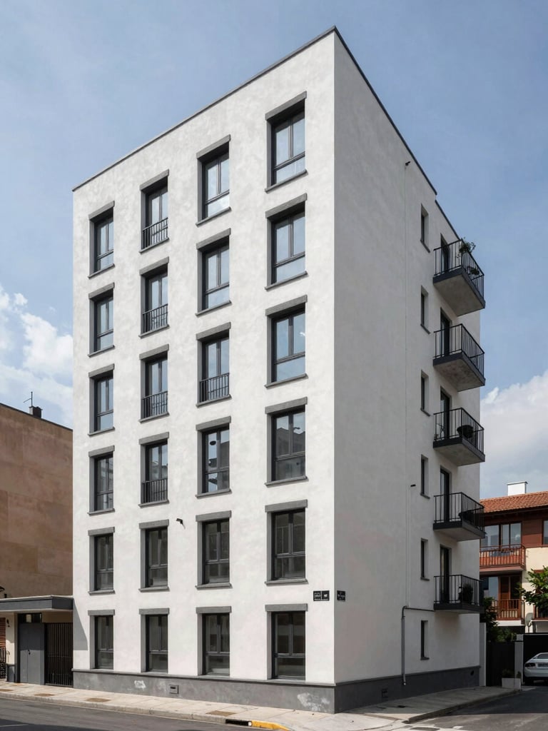 Modern residential apartment building exterior, shot in daylight from street level. Clear view of façade, window condition, architectural detail, and adjacent buildings. Street context visible. No styling, no people.