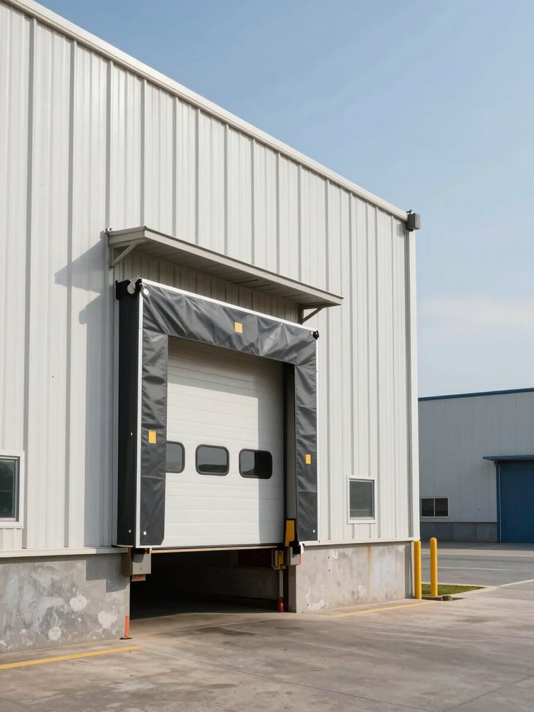 Commercial warehouse exterior, daylight shot. Clear view of loading dock, door height, structural condition, and industrial infrastructure. Adjacent buildings and site access visible. No staging, no people.