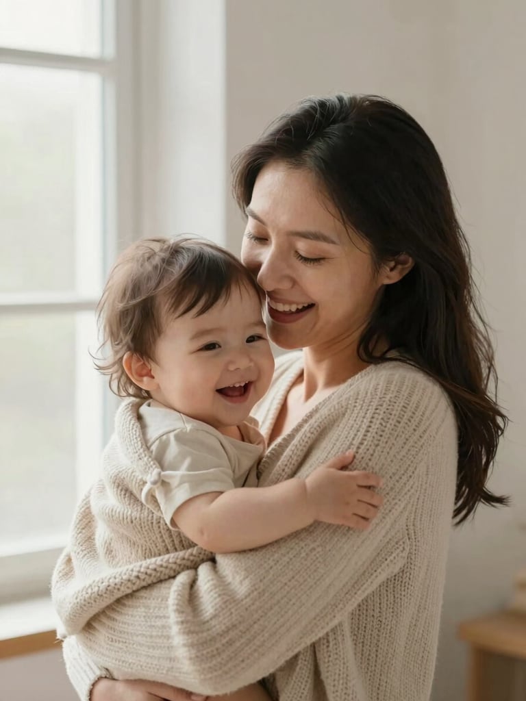 A mother holding her toddler close, both wrapped in a warm beige knitted blanket, laughing softly, natural window light, emotional and clean composition, warm tones