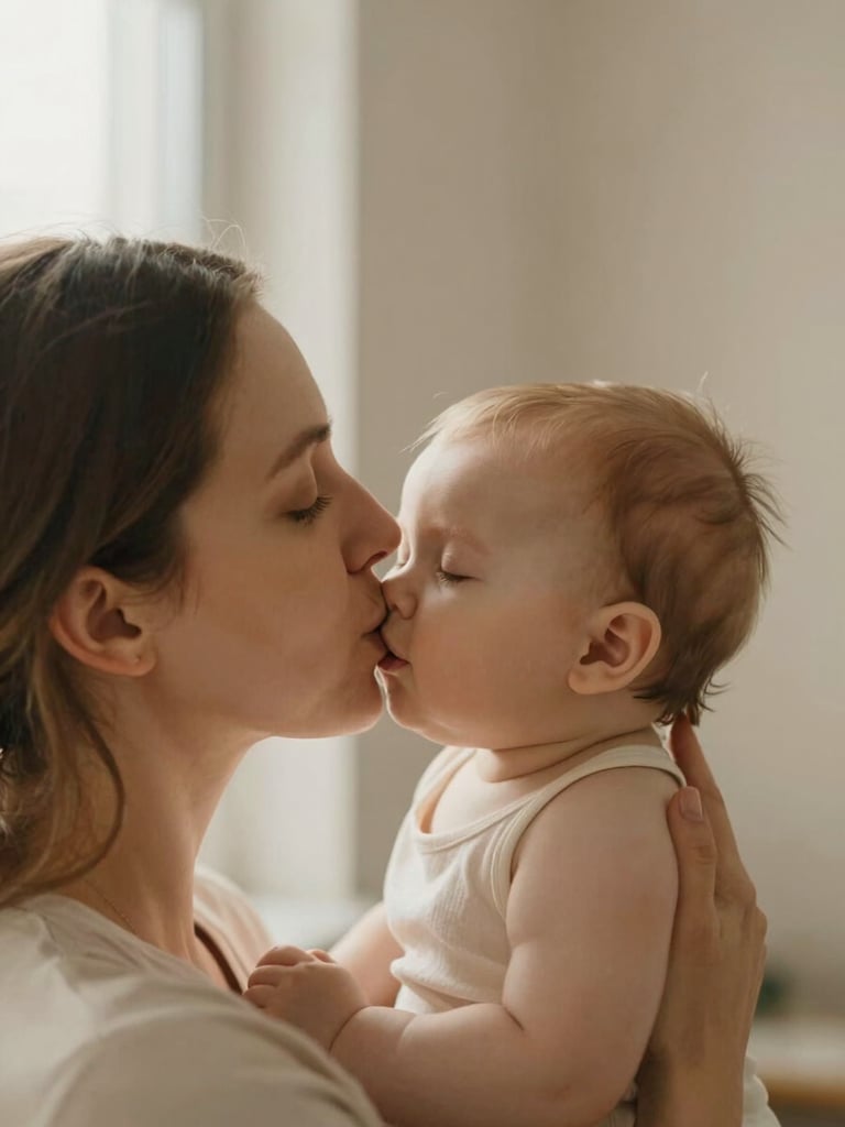 A mother kissing her baby's forehead, soft natural window light, warm neutral beige background, shallow depth of field
