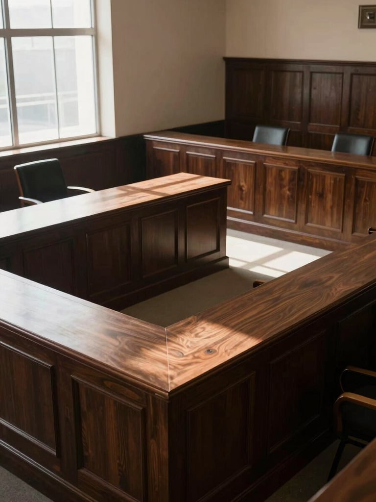 Wide overhead view of an empty courtroom — dark wood witness stand and judge's bench to the left third, pale natural window light cutting sharp geometric shadows across the bench surface, deep architectural receding lines into background, no people present