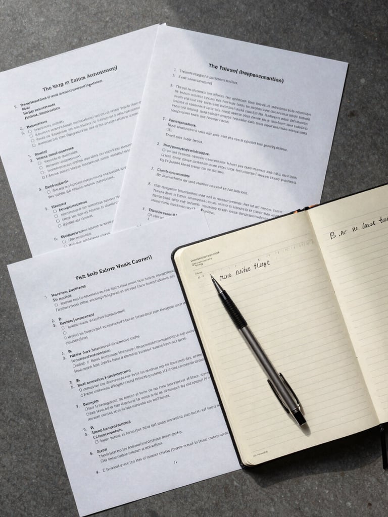 Overhead flat-lay of a legal workspace: annotated trial transcript pages fanned across a slate-grey surface, a ruled notebook open to handwritten behavioral pattern notes, a mechanical pencil resting diagonally, sharp overhead light casting precise shadows across document edges — clinical and forensic in mood, no people present