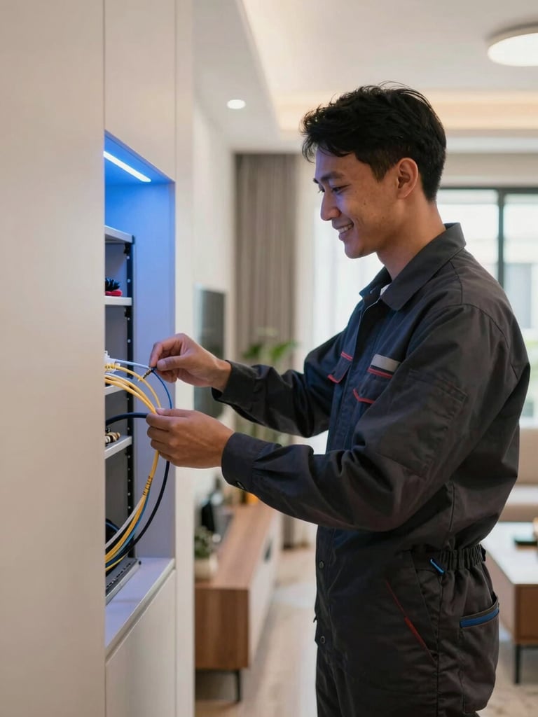 A friendly Indonesian technician in a clean dark uniform carefully installing fiber optic cables inside a warm suburban home, natural lighting, modern lifestyle photography