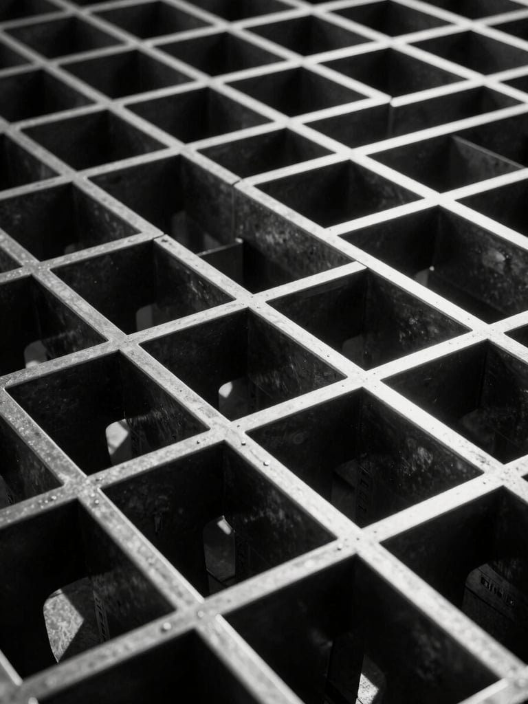 Abstract architectural geometry of a rigid metallic grid, high-contrast black-and-white, harsh studio lighting, deep shadows.