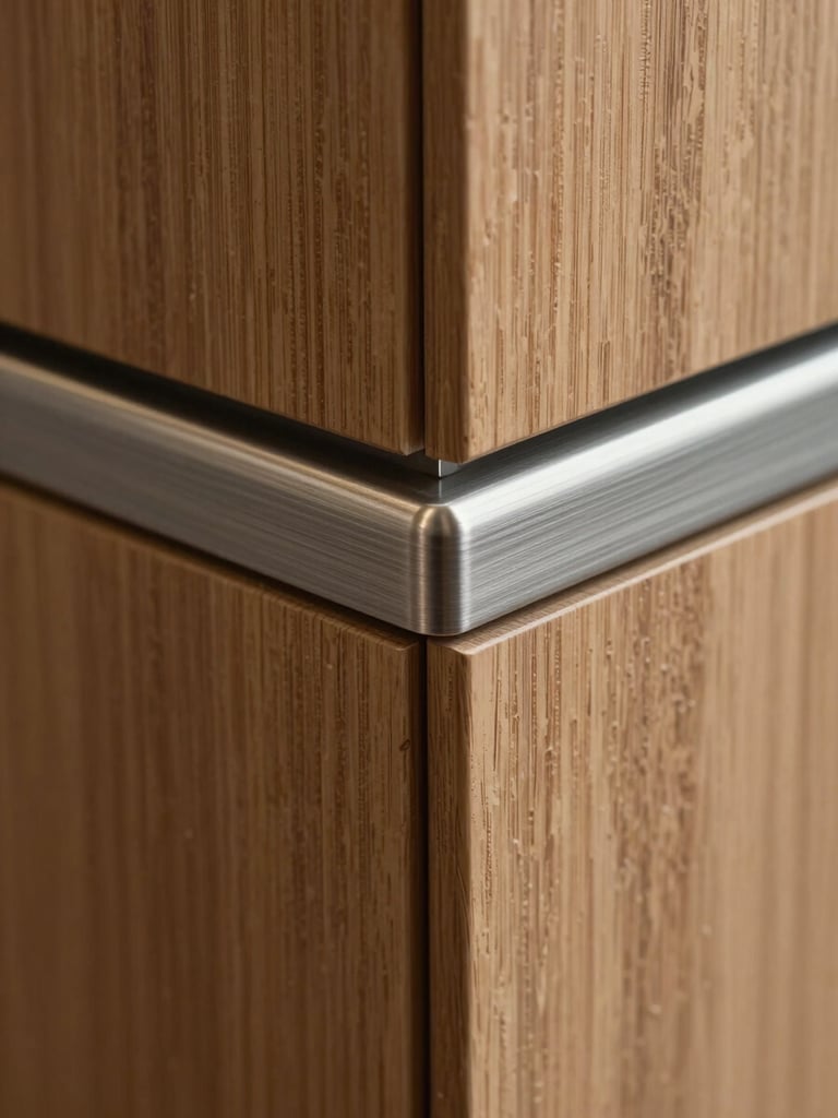 Macro close-up of premium interior material junction — wood veneer panel meeting brushed metal trim, sharp clean edge detail, even north-facing studio light revealing surface grain and texture, no people, architectural photography style