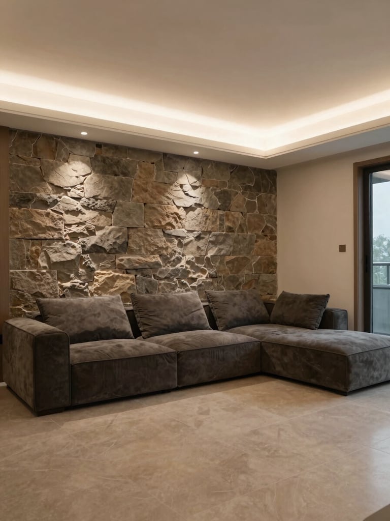 Wide environmental shot of a completed luxury living room interior, warm stone and charcoal tones, empty space showing proportion, low modular sofa against a textured stone-effect wall panel, recessed ceiling lighting casting even diffused light, photographed from a corner to show full room depth, no people
