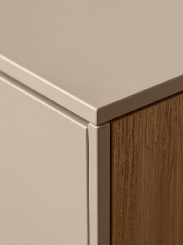Extreme close-up of a cabinet joinery edge where matte lacquer panel meets a solid wood frame, even studio lighting revealing surface grain and precise material junction, warm stone tones, shot from slightly above