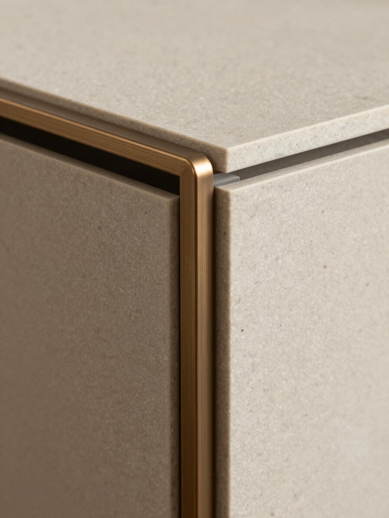 Extreme close-up of a flush joinery junction between matte stone-finish laminate and a brushed bronze edge profile on a modular cabinet, even studio lighting revealing surface texture and material precision, shallow depth of field