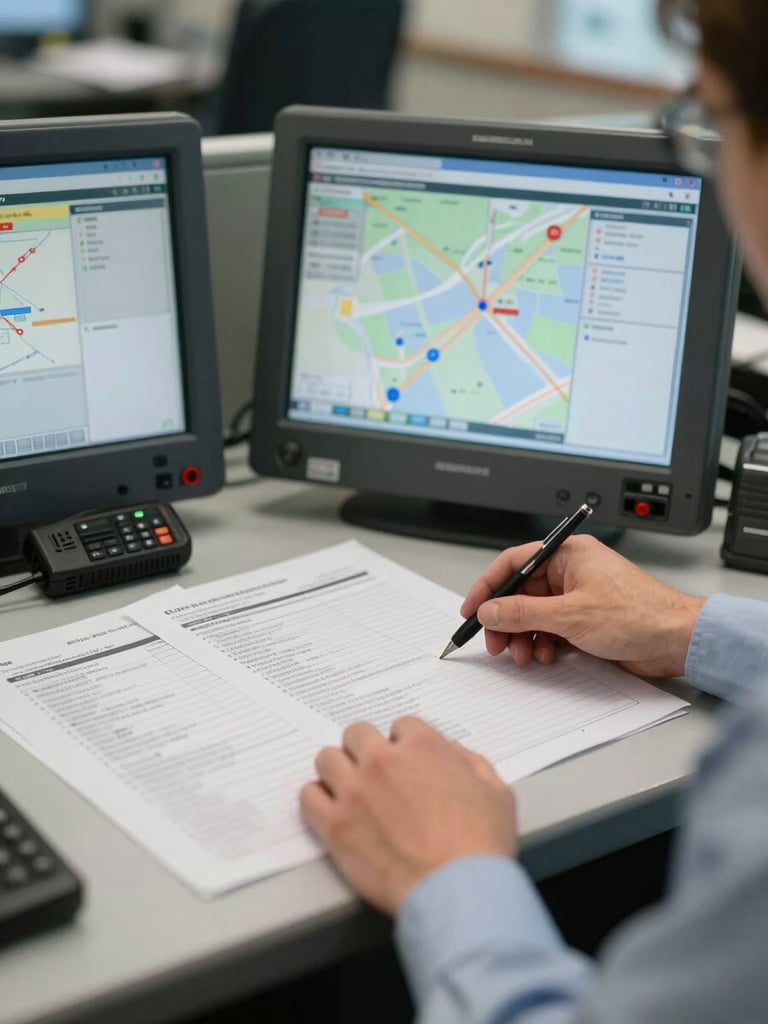 Close-up of a dispatch center console in available fluorescent light, operator's hands navigating a route management interface, printed manifests and a radio on the desk, documentary framing, no posing