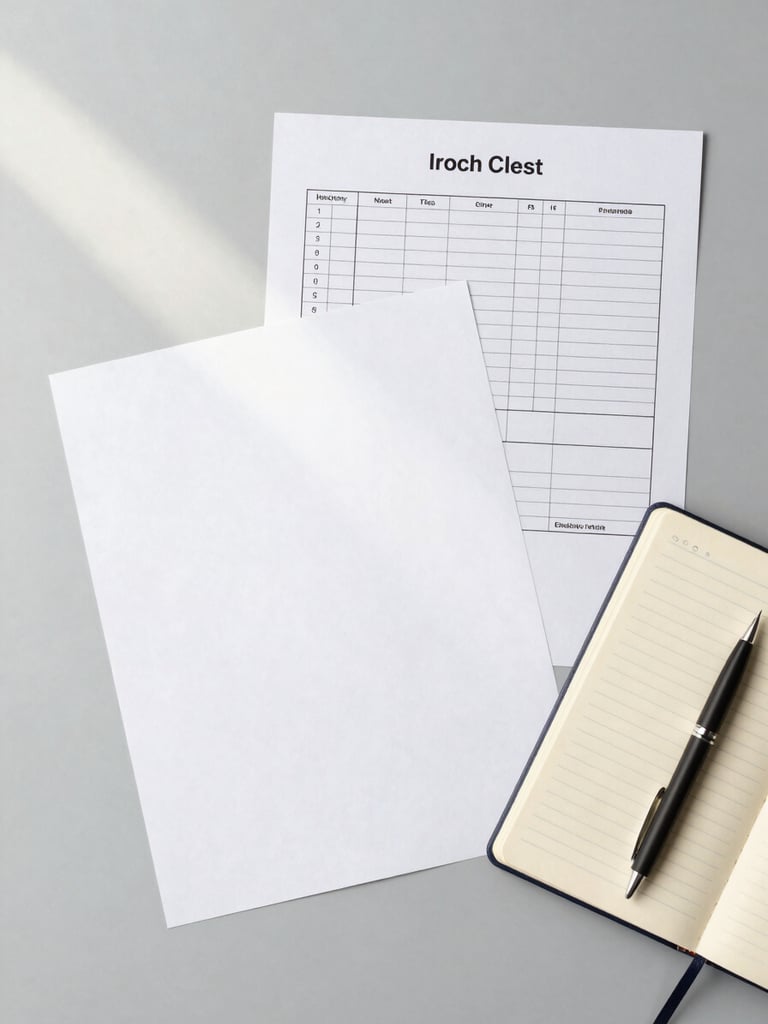 Overhead flat-lay of an organized desk: blank invoice template pages, a monthly checklist sheet, and a pen resting on a ruled notebook, soft office daylight from the left, pale gray background