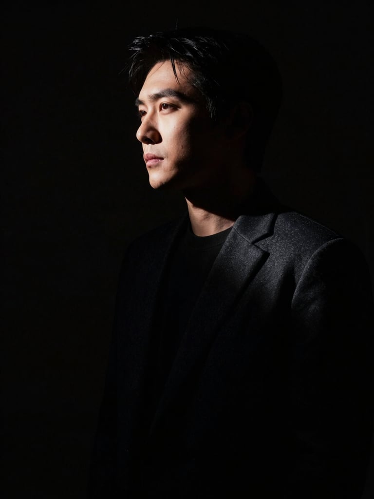 High-contrast chiaroscuro portrait of a solitary figure emerging from deep shadows, single dramatic side light, cinematic framing.