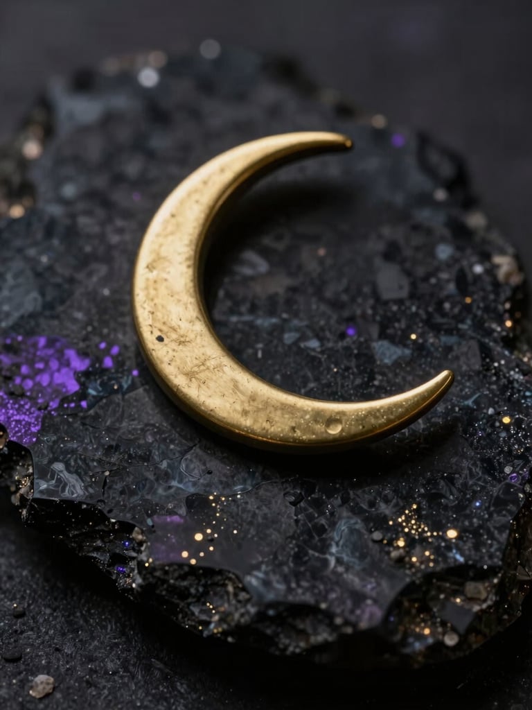 Macro photograph of a delicate brass crescent moon resting on dark raw obsidian, soft violet and gold light refractions, low-key moody lighting, shallow depth of field.