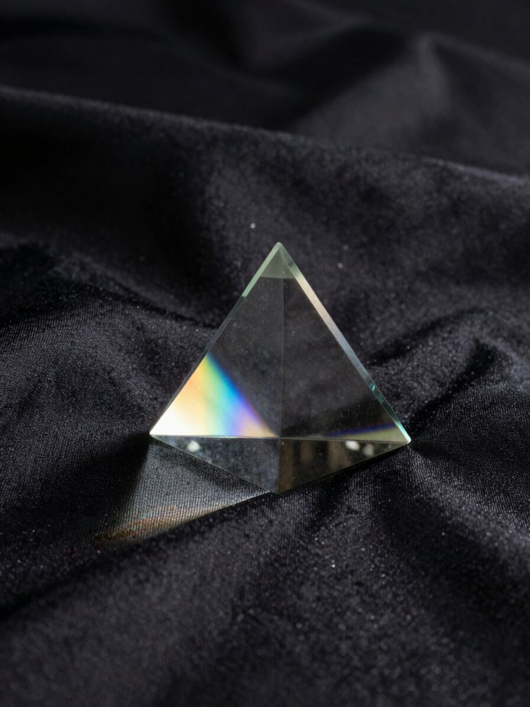 A glass prism catching a single beam of soft light, casting a subtle rainbow spectrum across a dark textured silk background, moody chiaroscuro lighting.