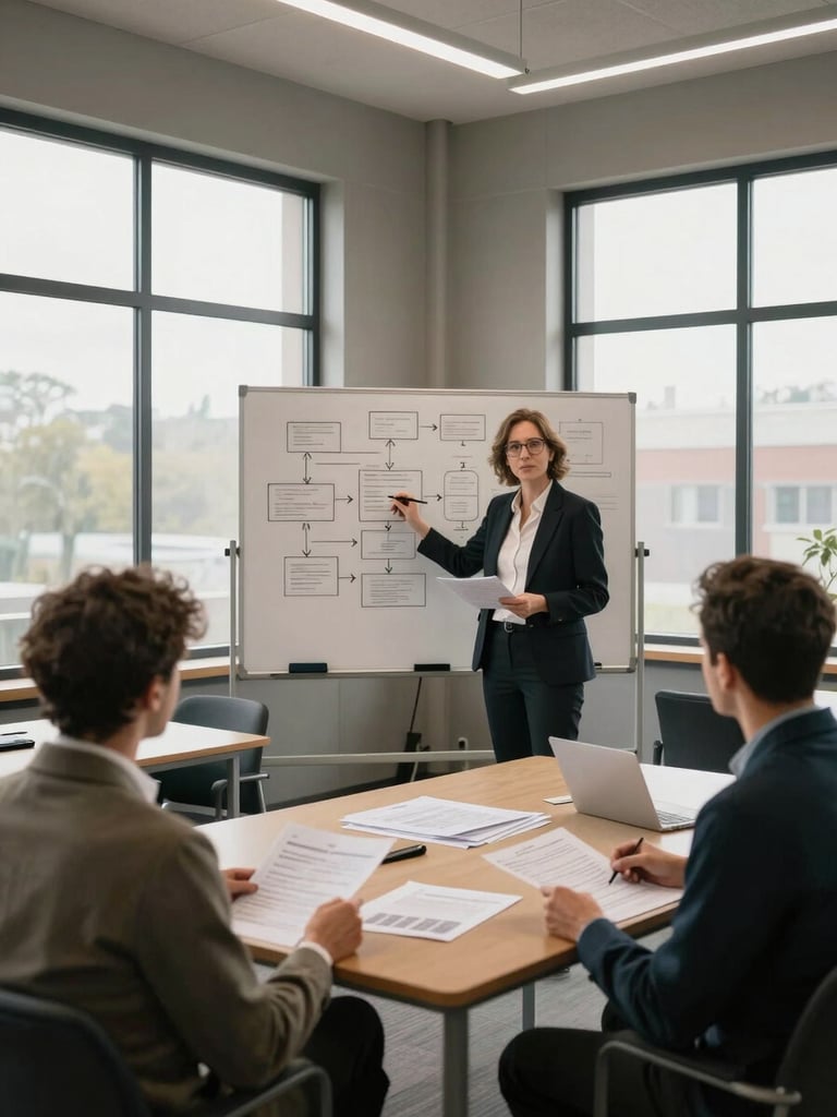 Wide environmental shot of a corporate learning room, facilitator standing at a whiteboard covered in framework diagrams, two seated professionals reviewing printed materials, diffused natural light from large north-facing windows, no faces visible, warm gray walls