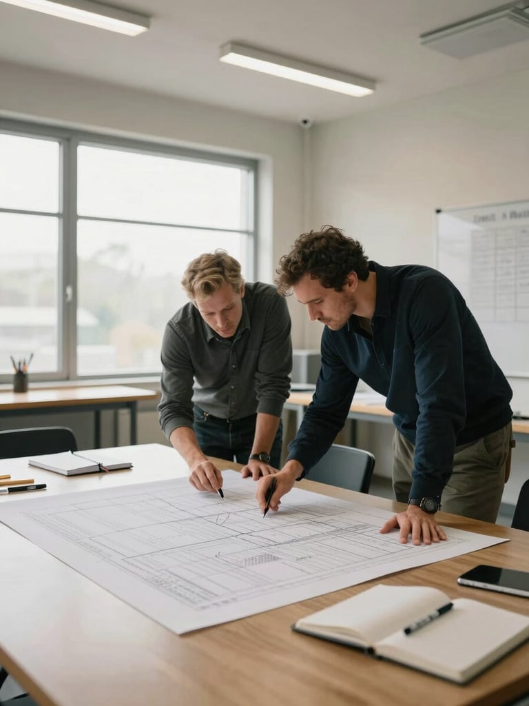 Wide environmental shot of a professional workshop room, two practitioners leaning over a large printed framework document on a conference table under diffused north-facing window light, notebooks and markers visible, no faces, neutral tones